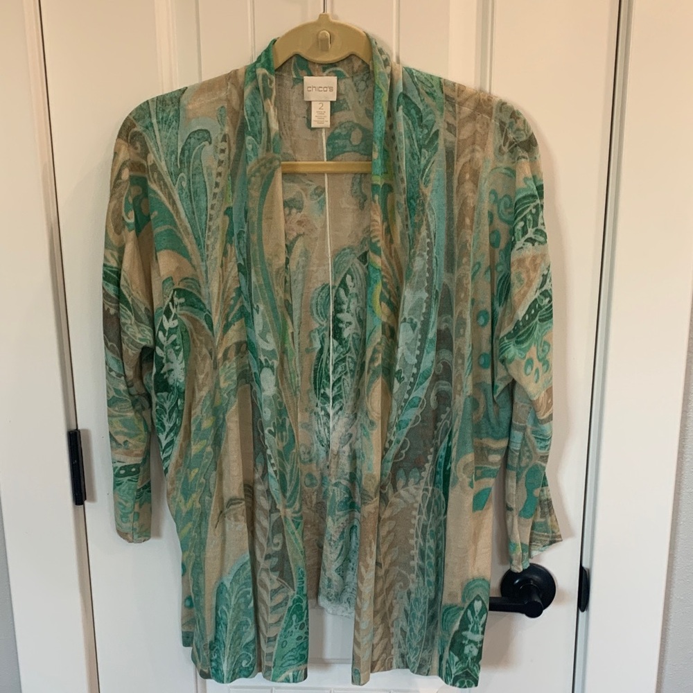 Chico's Teal and Beige Leaf Print Cardigan